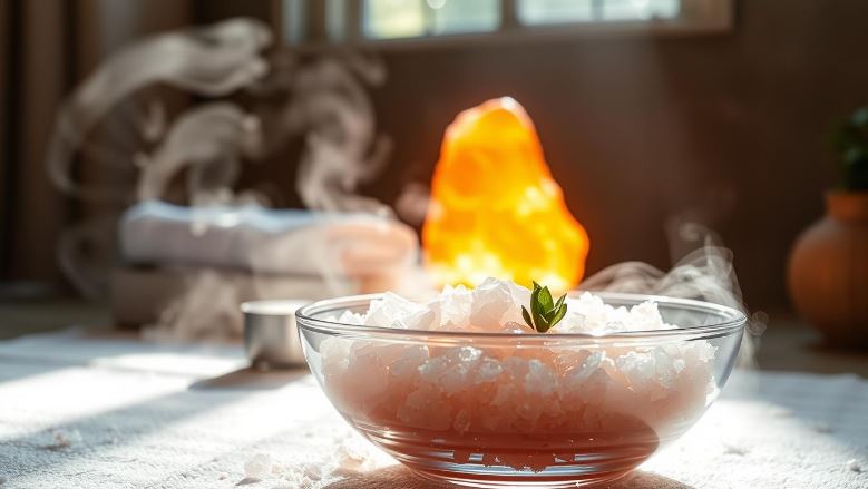 Basin full of himalayan salts with mountain as background